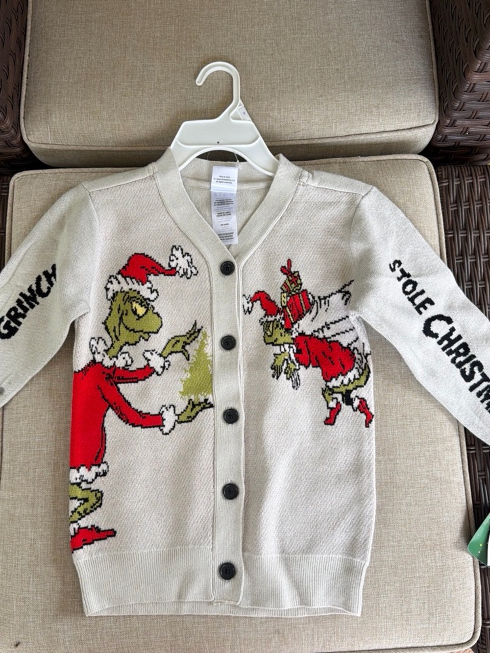 Kids' Grinch Holiday Cardigan Sweater - Grey with Red & Green